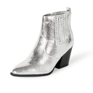 The Drop Silver Metallic Snakeskin Sia Pointed Toe Western Ankle Bootie Size 6.5